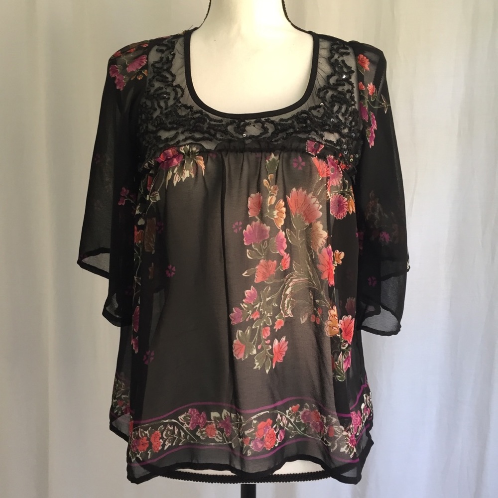 Cute Angie Sheer Black Top With Floral Design